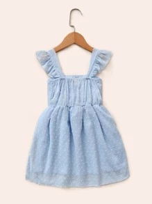 SHEIN Young Girl Swiss Dot Ruffle Bow A-Line Dress - Dusty Blue - View 2