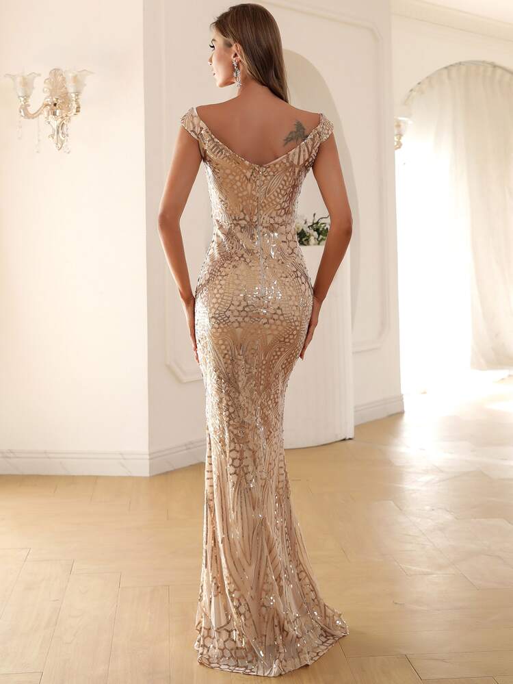 Missord Zip Back Mermaid Hem Bardot Sequin Prom Dress