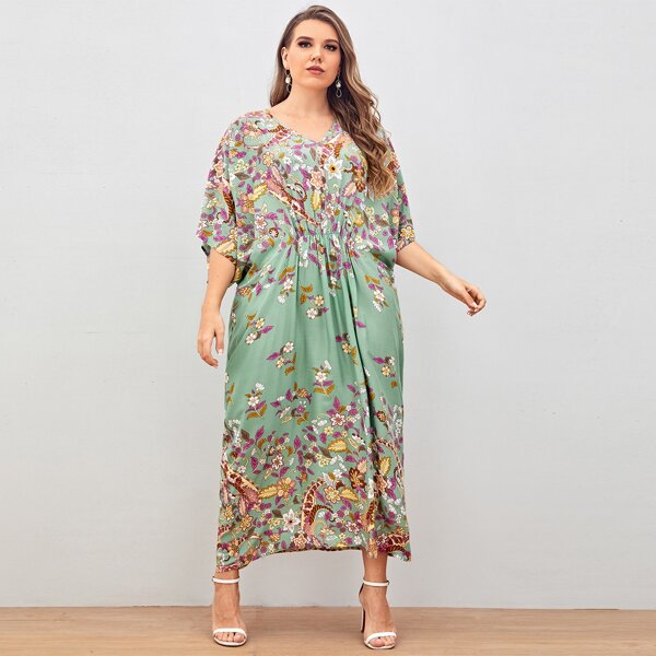 

Plus Floral Print Batwing Sleeve Ruched Front Kaftan Dress, Multicolor