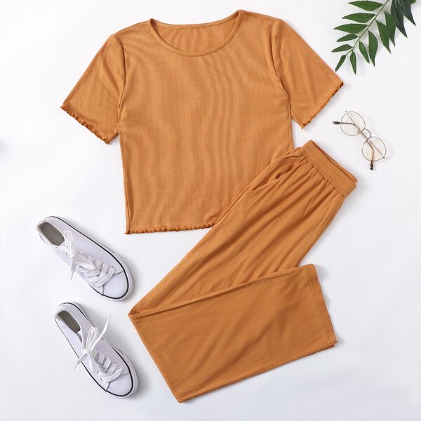 

Rib Knit Lettuce Trimed Tee & Pants, Brown