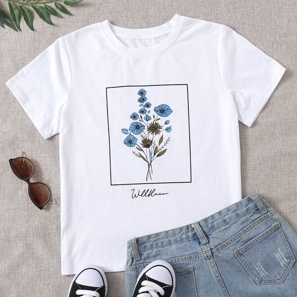 

Floral & Letter Graphic Tee, White