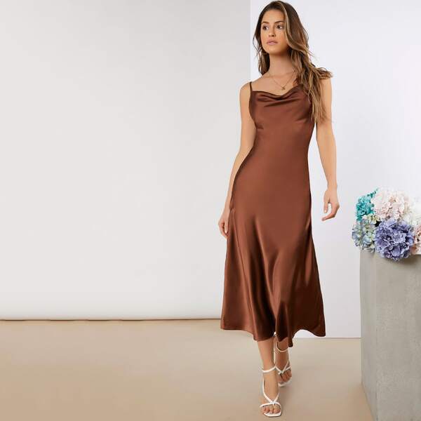 

Cowl Neck Satin Solid Dress, Brown
