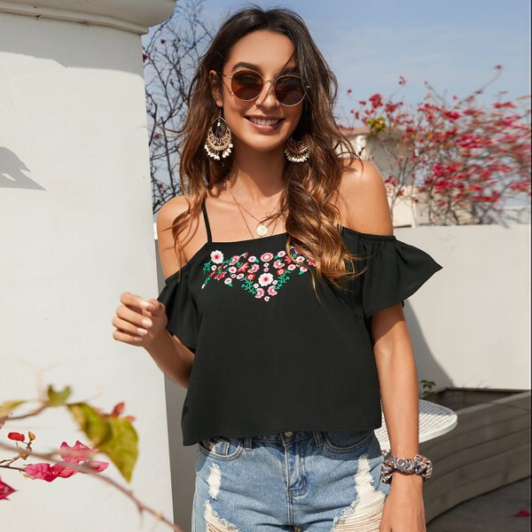 

Floral Embroidery Cold Shoulder Blouse, Black