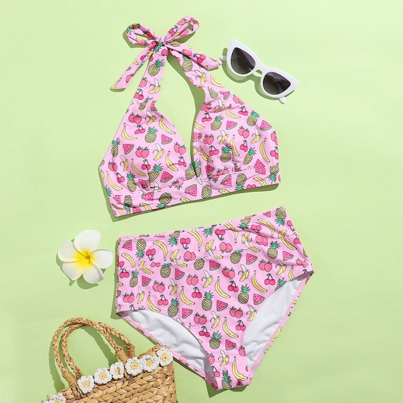 

Fruit Pattern Halter Bikini Swimsuit, Multicolor
