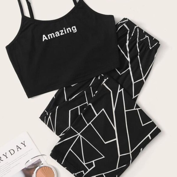 

Geo And Letter Graphic Cami Pajama Set, Black