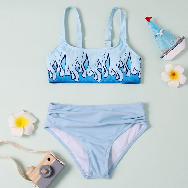 

Girls Fire Print Bikini Swimsuit, Blue
