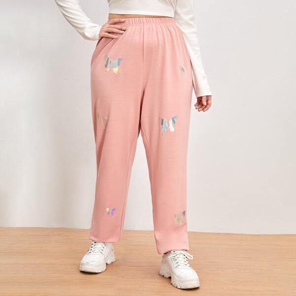 

Plus Butterfly Print Sweatpants, Coral pink