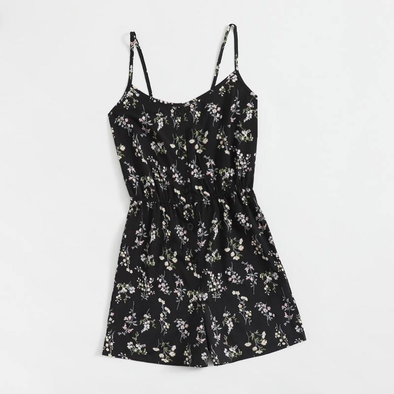 

Ditsy Floral Cami Romper, Black