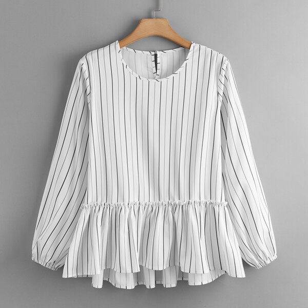 

Plus Striped Frill Trim Ruffle Hem Blouse, White