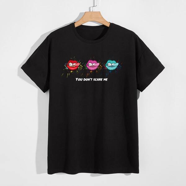 

Men Slogan And Gesture Print Tee, Black