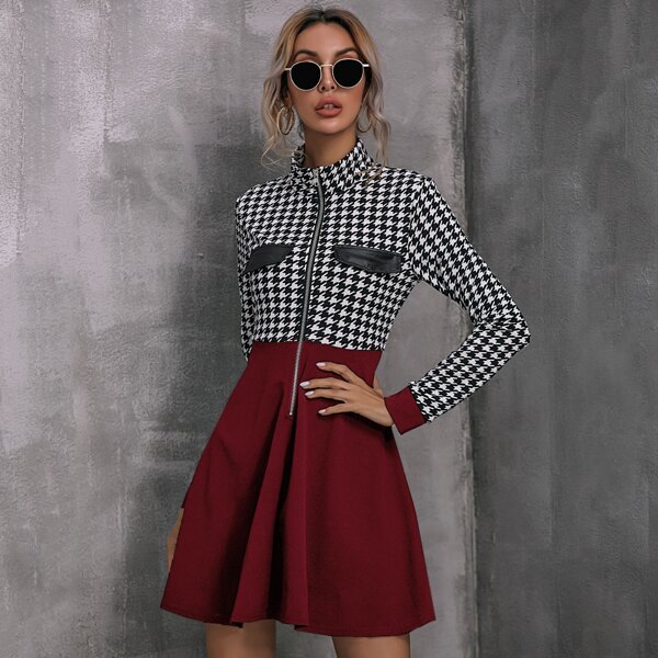 

Zip Up Flap Detail Houndstooth Dress, Multicolor
