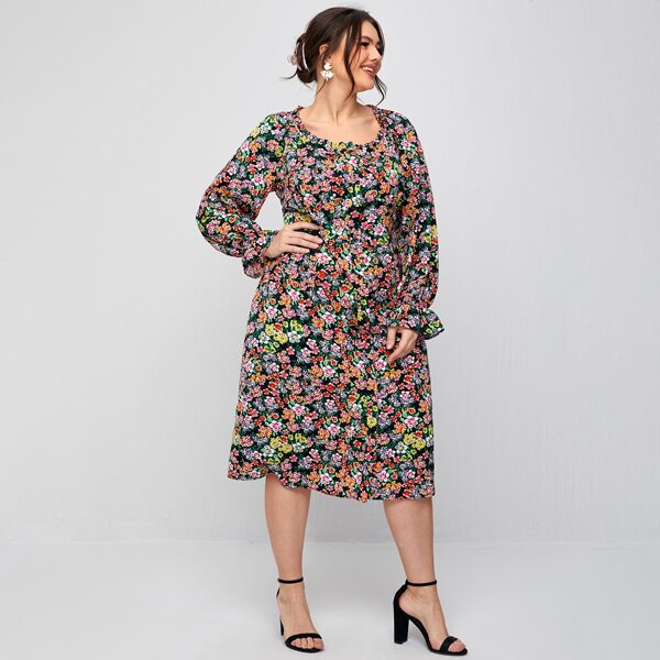 

Plus All Over Floral Print Flounce Sleeve Dress, Multicolor