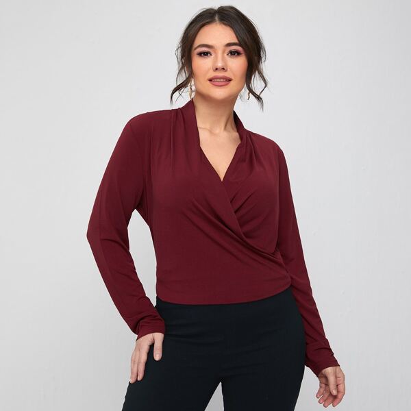 

Plus Wrap Front Solid Tee, Maroon