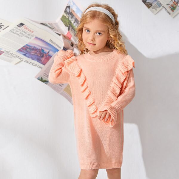 

Toddler Girls Ruffle Trim Flounce Sleeve Sweater Dress, Baby pink
