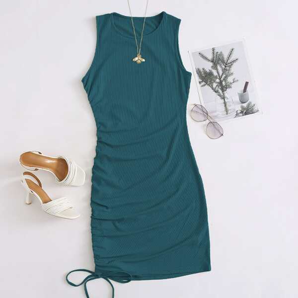 

Solid Drawstring Side Bodycon Dress, Teal blue