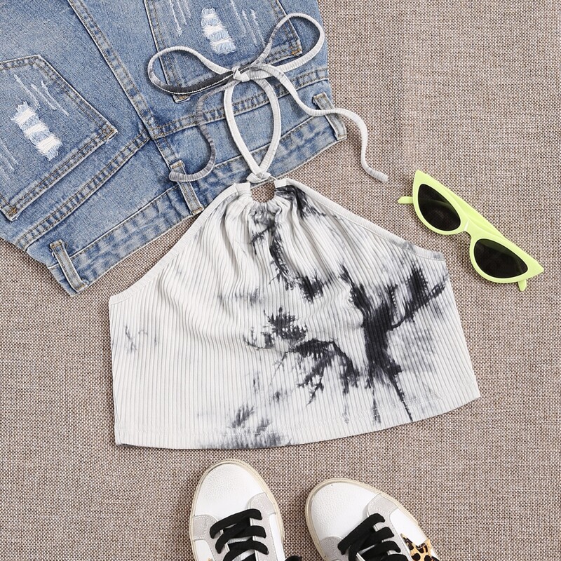 

Tie Dye Rib-knit Halter Top, Black and white