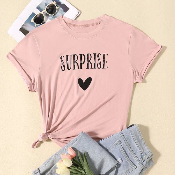

Plus Letter And Heart Print Tee, Baby pink