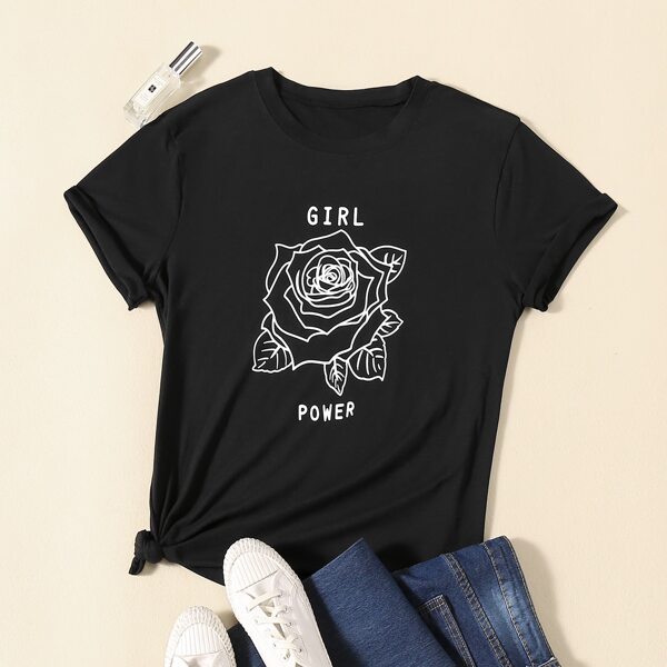 

Plus Floral And Letter Graphic Tee, Black