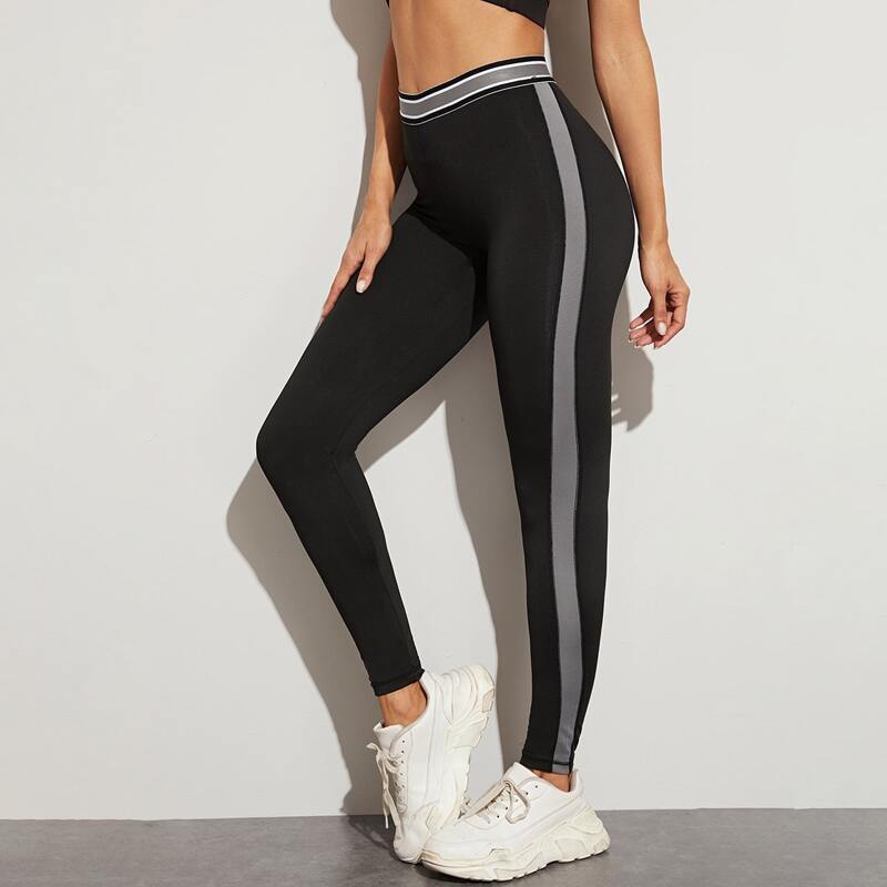 

Striped Print High Waisted Sports Leggings, Black