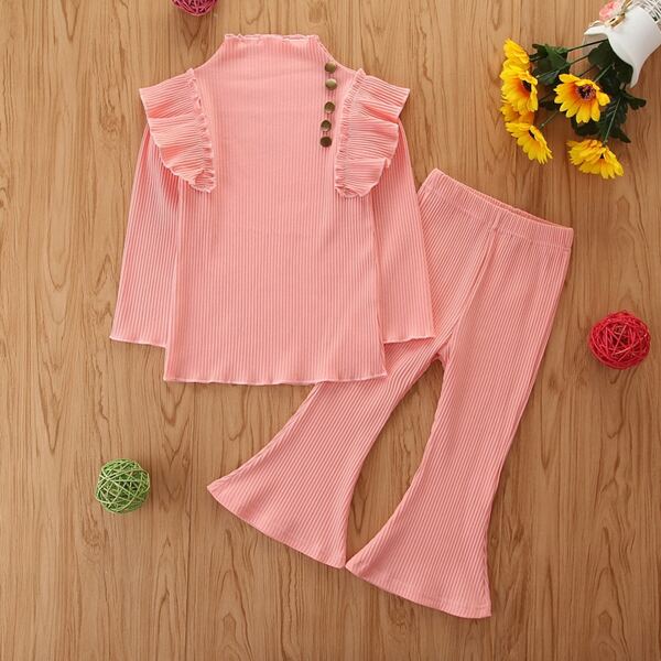 

Toddler Girls Ruffle Trim Tee With Flare Leg Pants, Coral pink