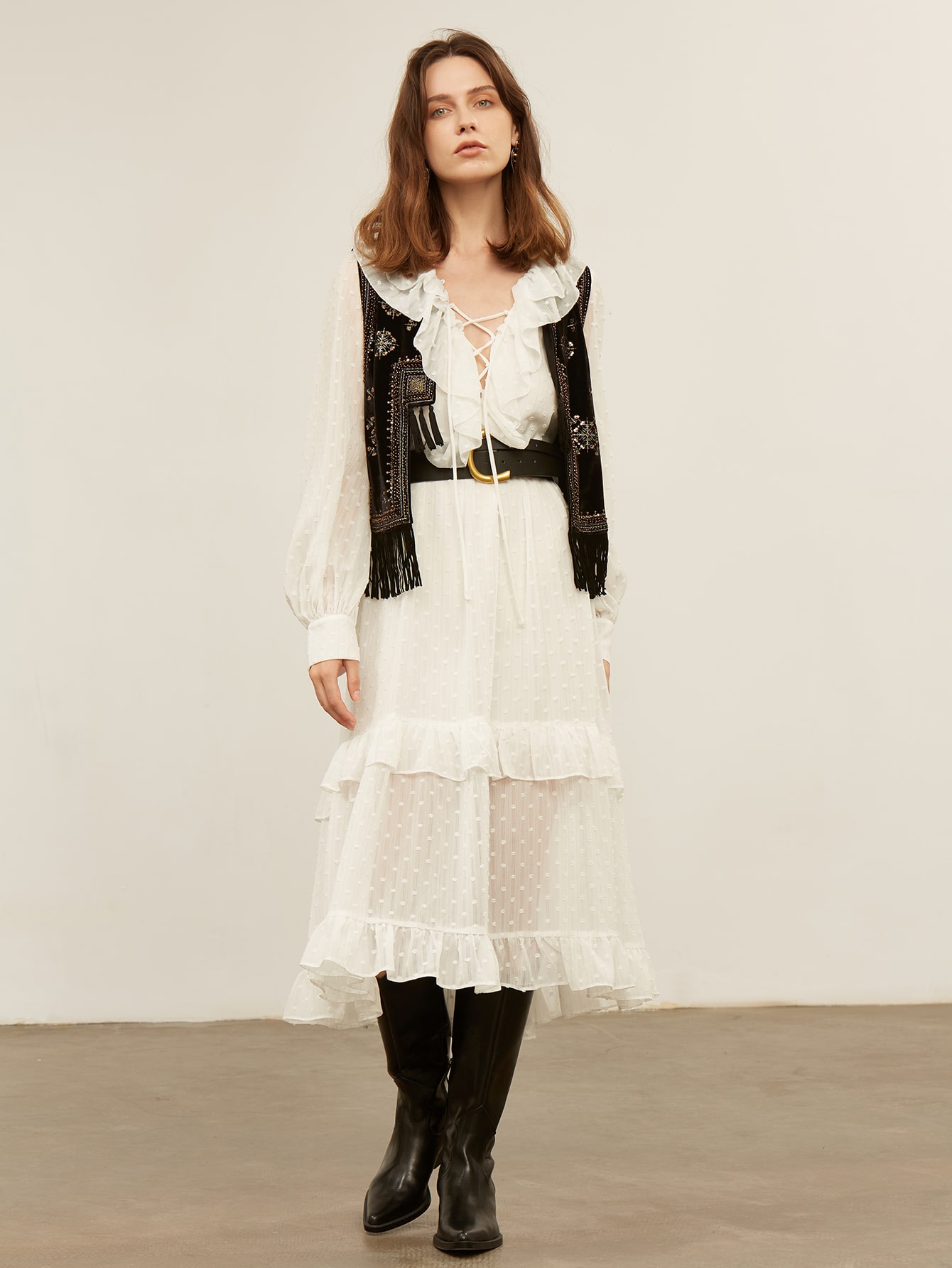 SWISS DOT LACE-UP RUFFLE DRESS WITHOUT VEST thumbnail