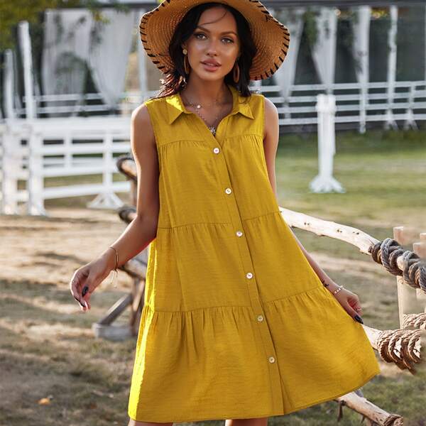 

Button Front Ruffle Hem Smock Dress, Yellow