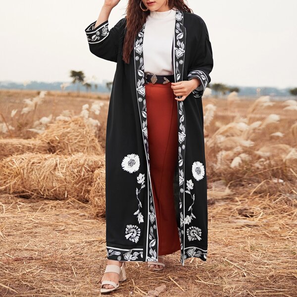 

Plus Floral Print Open Front Abaya, Black