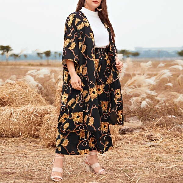 

Plus Chain & Baroque Print Coat & Wide Pants Set, Multicolor