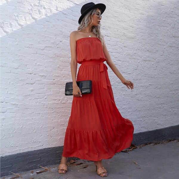 

Flounce Hem Belted Tube Dress, Burnt orange