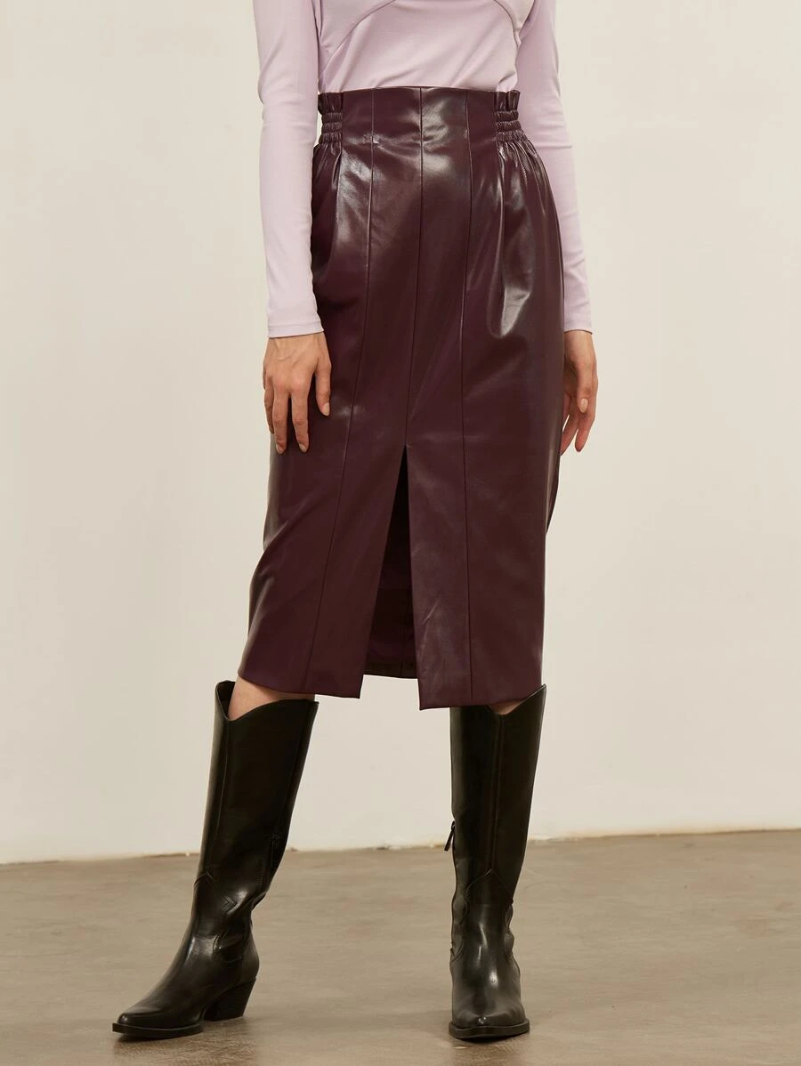 SHEIN Unity PU皮革開衩鉛筆半身裙 - 紫色 - 查看 1