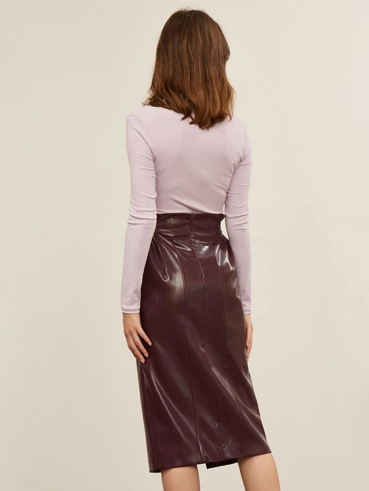 Pu Leather Slit Pencil Skirt