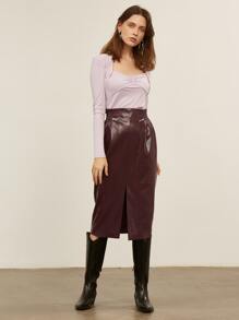 SHEIN Unity PU皮革開衩鉛筆半身裙 - 紫色 - 查看 3