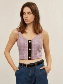SHEIN Tweed Pearl Button Crop Top - Lilac Purple - View 1