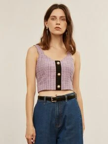 SHEIN Tweed Pearl Button Crop Top - Lilac Purple - View 3