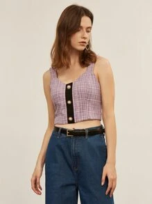 SHEIN Tweed Pearl Button Crop Top - Lilac Purple - View 4