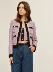 SHEIN Tweed Pearl Button Crop Top - Lilac Purple - View 5