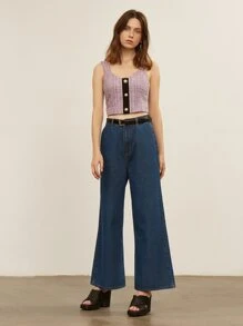 SHEIN Tweed Pearl Button Crop Top - Lilac Purple - View 6