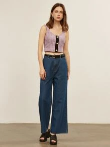 SHEIN Tweed Pearl Button Crop Top - Lilac Purple - View 7