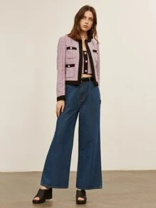 SHEIN Tweed Pearl Button Crop Top - Lilac Purple - View 9