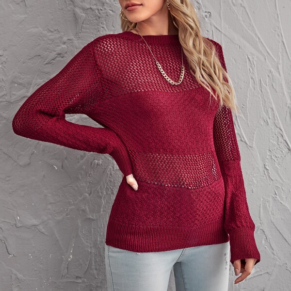 

Solid Open Knit Sweater, Burgundy