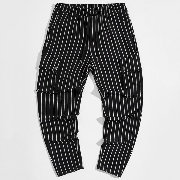 

Men Flap Pocket Side Striped Pants, Black