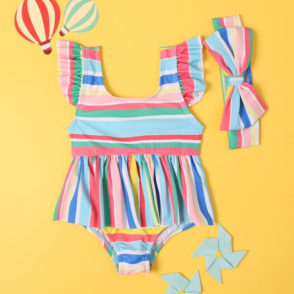 

Baby Girl Colorblock Ruffle One Piece Swimsuit & Headband, Multicolor