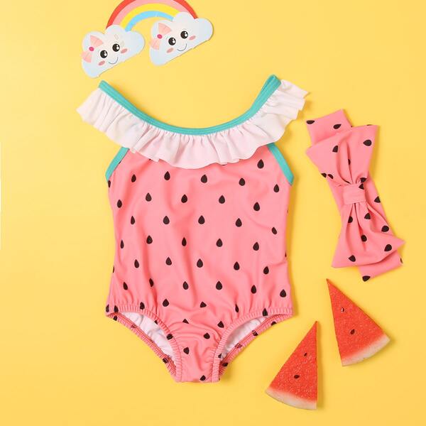 

Baby Girl Watermelon Design One Piece Swimsuit With Headband, Pink