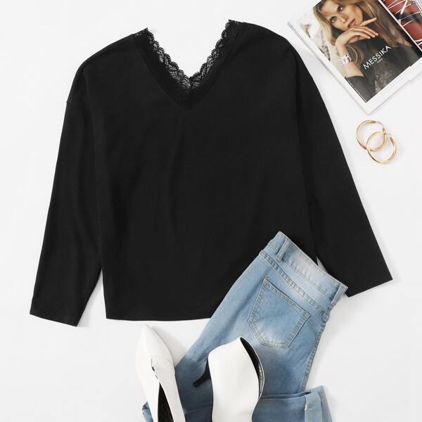 

Plus Lace Trim Drop Shoulder Tee, Black
