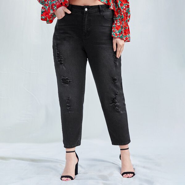 

Plus High Waist Ripped Mom Jeans, Dark grey