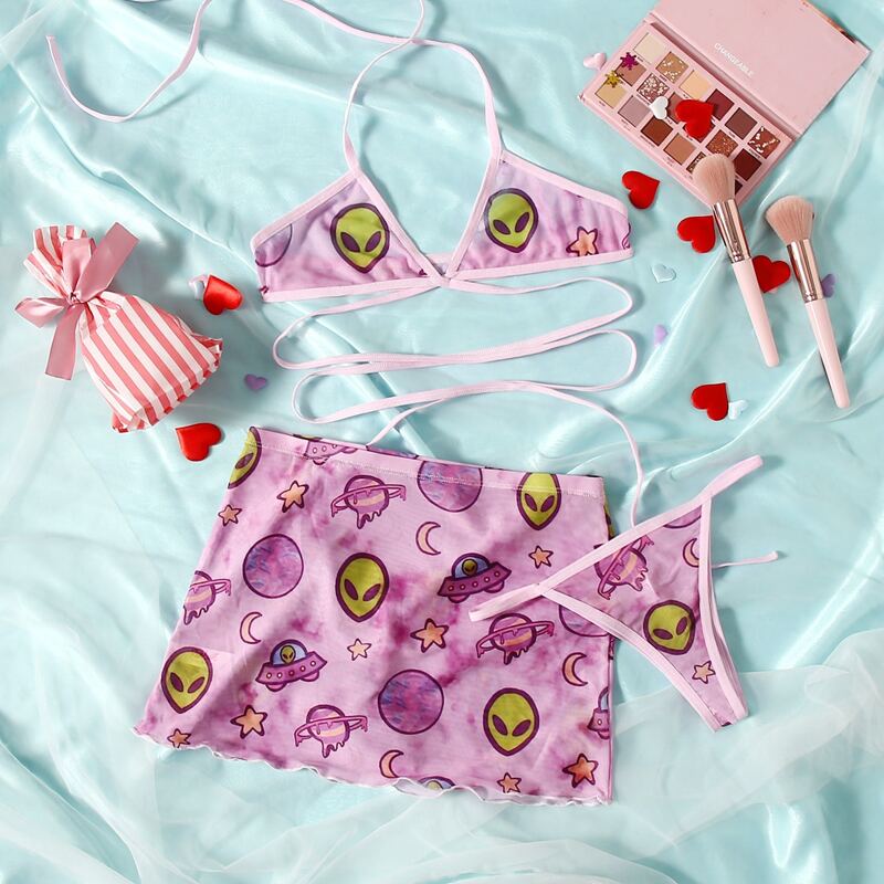 

3pack Alien Print Crisscross Detail Lingerie Set, Pink