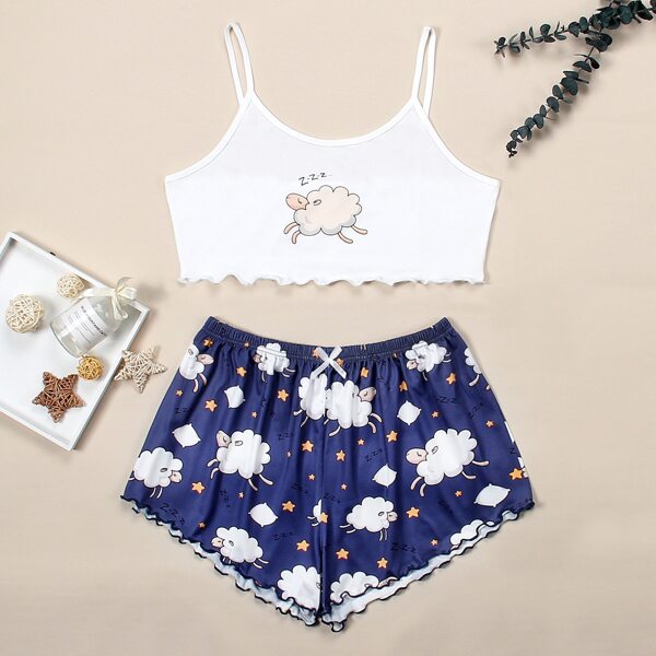 

Cartoon Sheep Print Lettuce Trim PJ Set, Blue and white