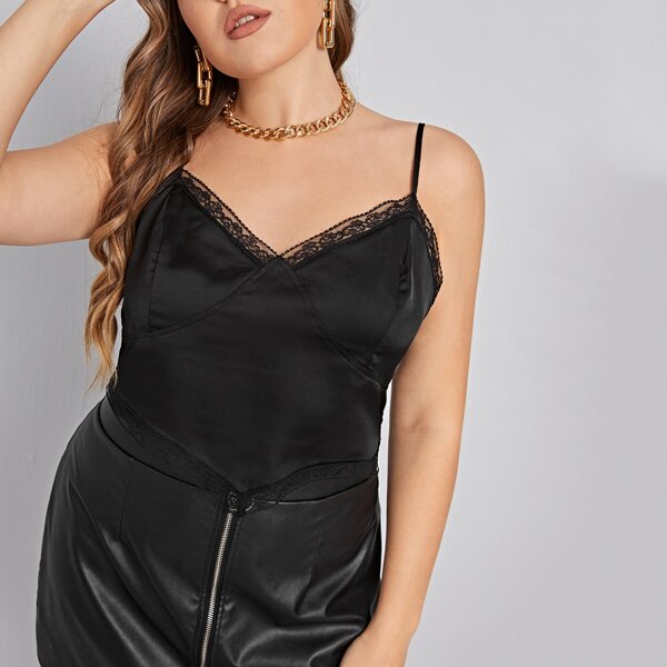 

Plus Lace Trim Satin Cami Top, Black
