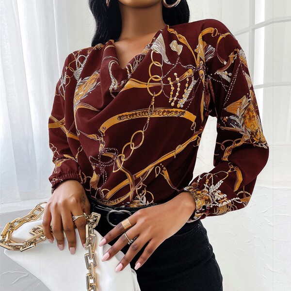 

Cowl Neck Chain Print Blouse, Multicolor