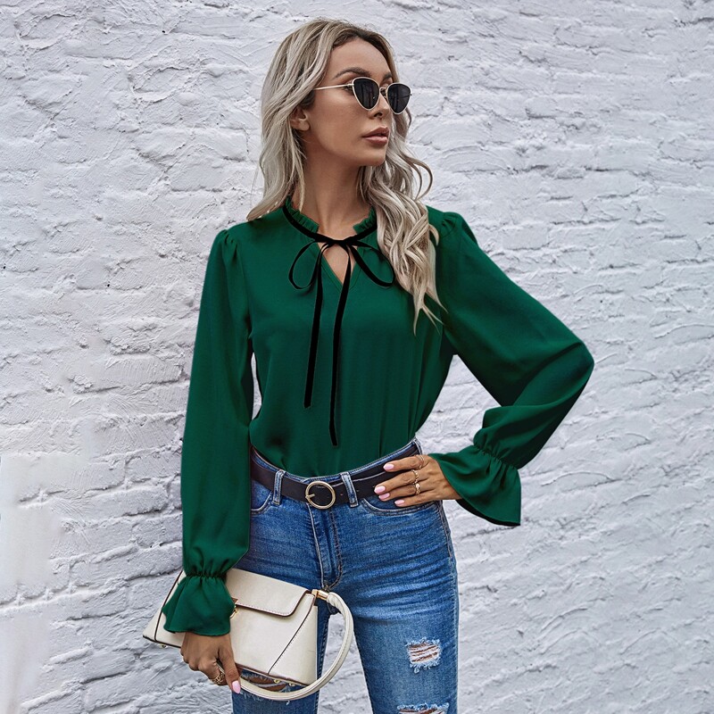 

Tie Neck Flounce Sleeve Blouse, Dark green